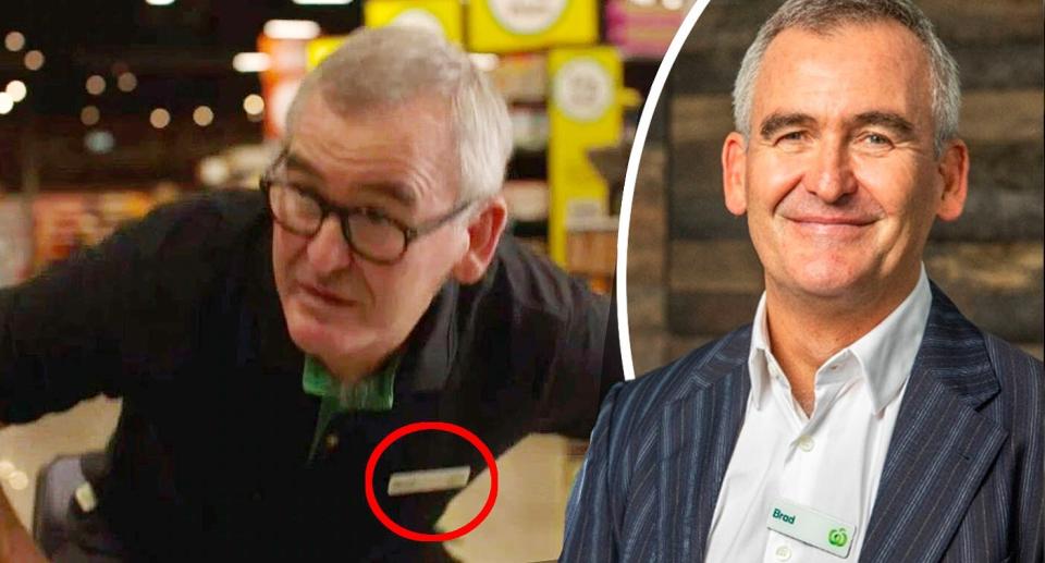 Composite image of Woolworths CEO Brad Banducci with a red circle around his name tag as he gets up from his seat during ABC interview, and Banducci smiling at the camera for a portrait.