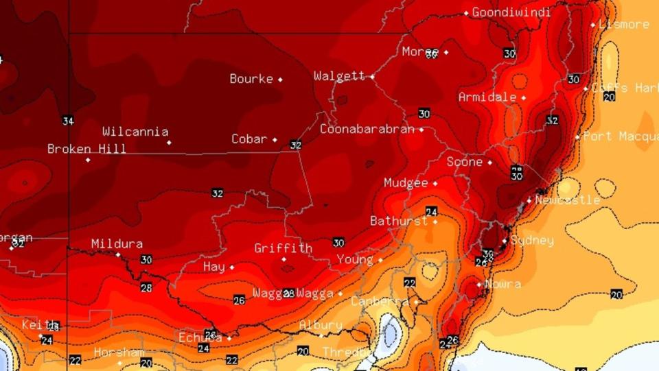 Temperatures for NSW as of 1pm on Sunday.