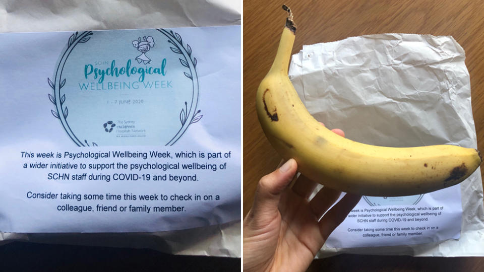 A banana given to Sydney Children's Hospital staff as part of Psychological Wellbeing Week.