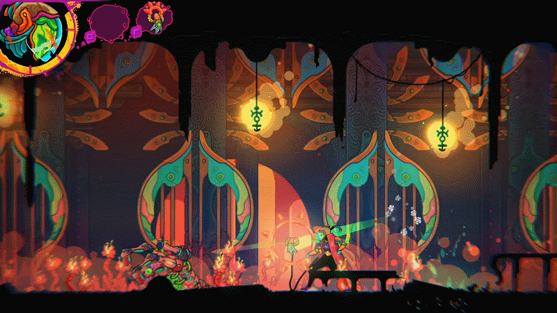 A 2d fighter attacks creatures in a colorful environment. 