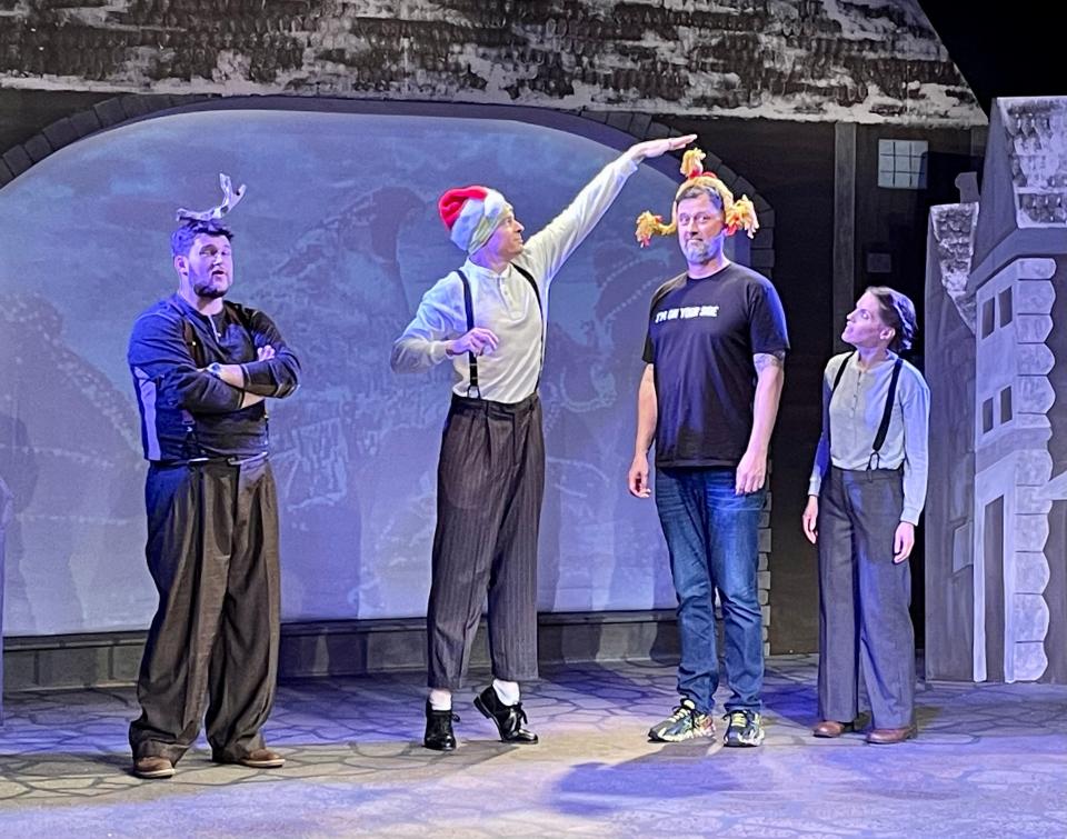 The cast of "Every Christmas Story Ever Told (And Then Some!) rehearses at Cloverdale Playhouse in Montgomery. Three actors play multiple roles to tell many stories of Christmas in one performance.