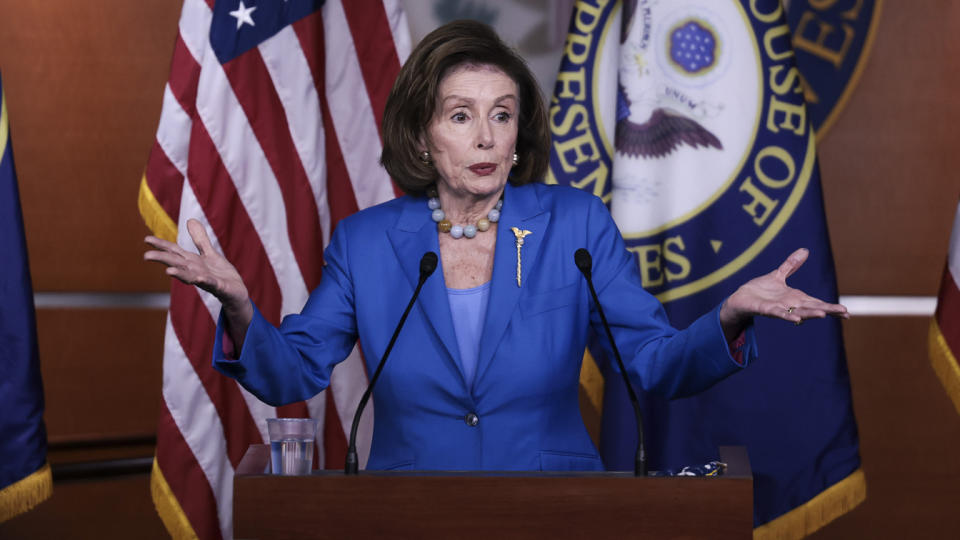 House Speaker Nancy Pelosi (D-CA) gestures as she speaks at a news conference at the U.S. Capitol on October 12, 2021 in Washington, DC. (Anna Moneymaker/Getty Images)