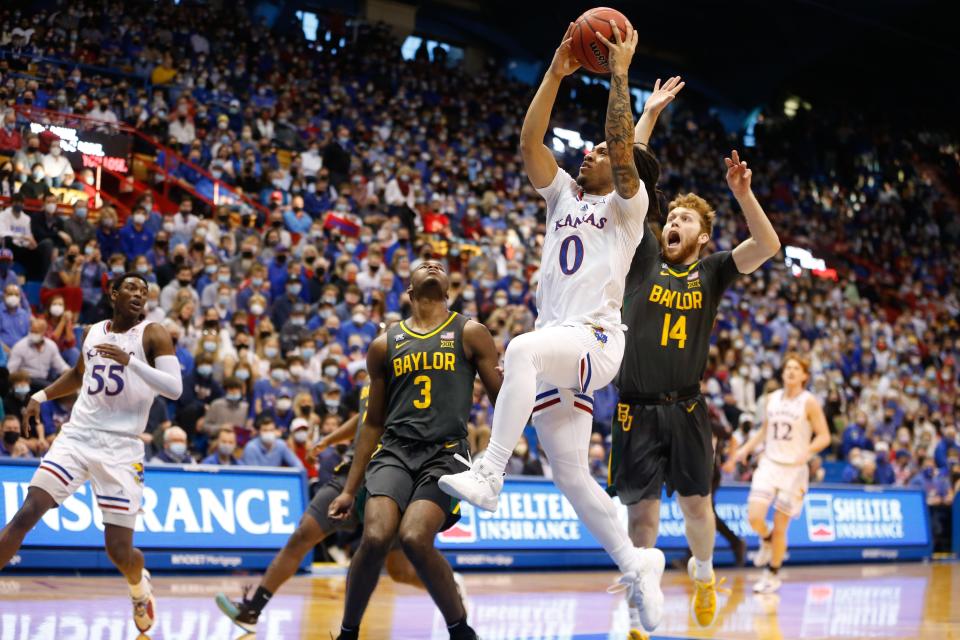 Kansas guard Bobby Pettiford goes up for a shot during the second half of a game in February against Baylor inside Allen Fieldhouse.