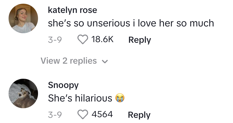 Comment section from a social media post with users expressing admiration for someone's humor