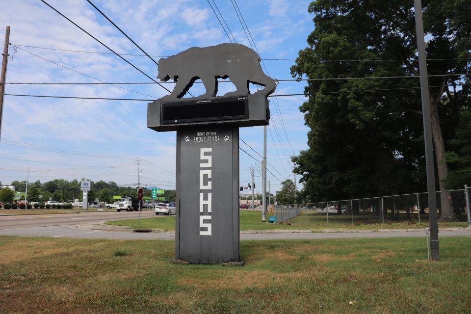 A sign for Sevierville County High School, Dolly Parton's high school, in Tennessee.