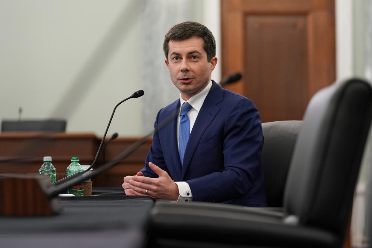 Pete Buttigieg, Biden administration nominee for secretary of transportation, speaks during a Senate Commerce, Science and Transportation Committee confirmation hearing (Getty Images)