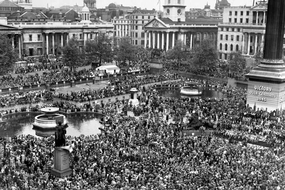 Huge crowds gather at Trafalgar Square celebrate VE (Victory in Europe) Day in London, marking the end of the Second World War in Europe (PA)
