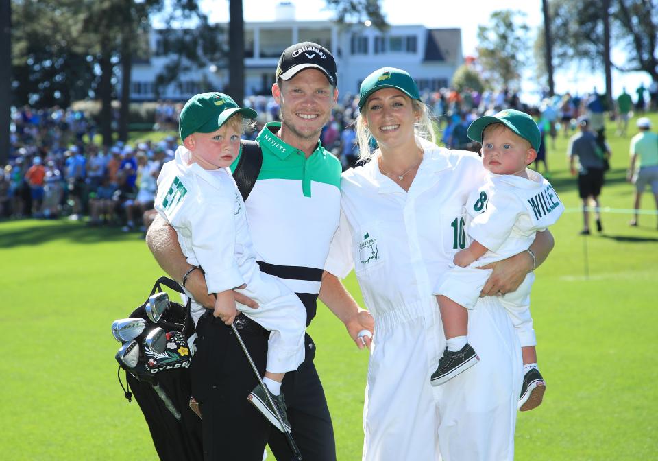 AUGUSTA, GEORGIA - APRIL 10: Danny Willett of England poses with his wife Nicole Willett and their children during the Par 3 Contest prior to the Masters at Augusta National Golf Club on April 10, 2019 in Augusta, Georgia. (Photo by Andrew Redington/Getty Images)