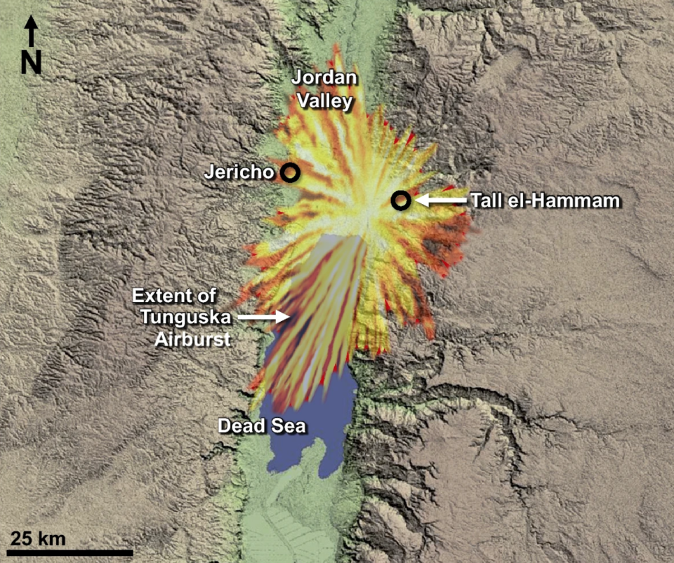 A labeled map of an ancient asteroid explosion over the Middle East.