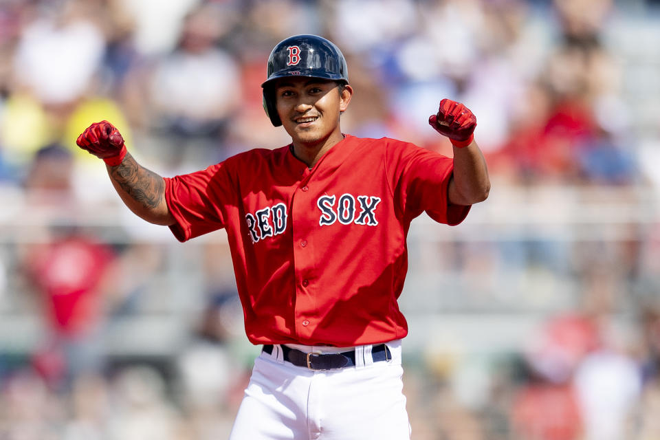 FT. MYERS, FL - FEBRUARY 23: Tzu-Wei Lin #5 of the Boston Red Sox reacts after hitting a double during the inning of a game against the New York Yankees on February 23, 2019 at JetBlue Park at Fenway South in Fort Myers, Florida. (Photo by Billie Weiss/Boston Red Sox/Getty Images)