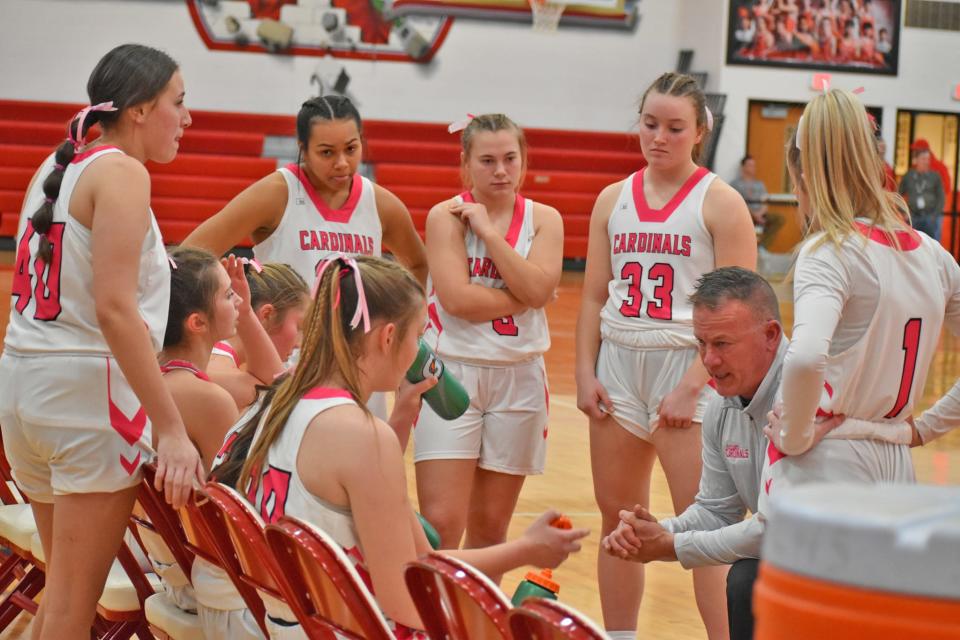 The Coldwater Cardinal girls basketball team, shown here in early season action, avenged their only loss of the season by taking down the 8th ranked Northwest Mounties on the road