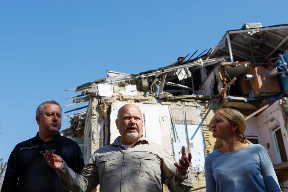 ICC Prosecutor Karim Khan and Ukrainian Prosecutor General Andriy Kostin visit the Ohmatdyt Children’s Hospital hit by a Russian missile strike in July (REUTERS)