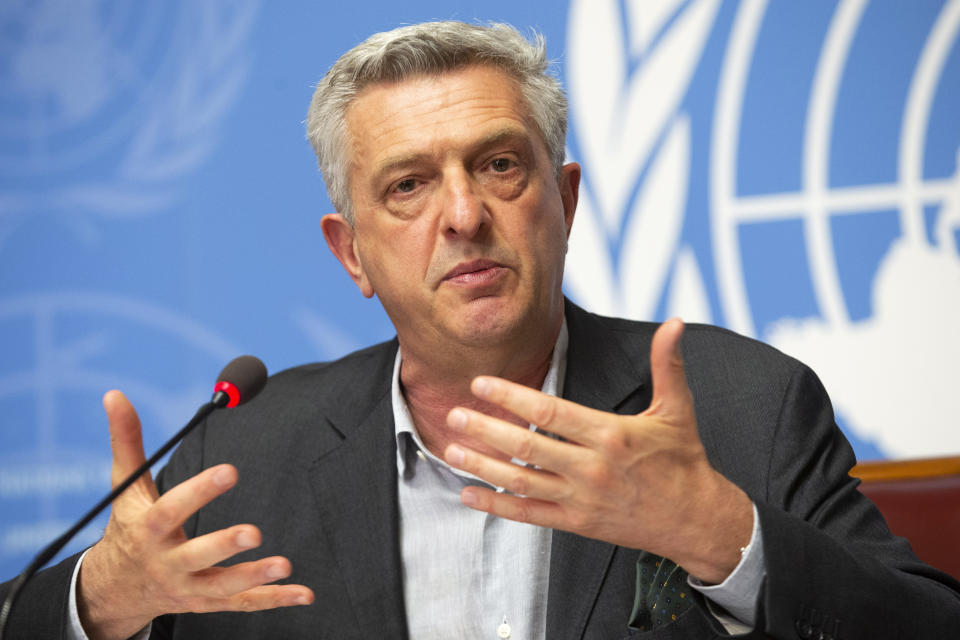 In this Tuesday, June 16, 2020, photo, Italian Filippo Grandi, U.N. High Commissioner for Refugees, speaks to the media about the UNHCR's annual Global Trends Report on Forced Displacement, during a press conference at the European headquarters of the United Nations in Geneva, Switzerland. Grandi says he’s “very worried” about the impact of the new coronavirus in Latin America, where millions of Venezuelans have fled upheaval at home and could face hardship among lockdowns and other restrictive measures to fight the pandemic. (Salvatore Di Nolfi/Keystone via AP)