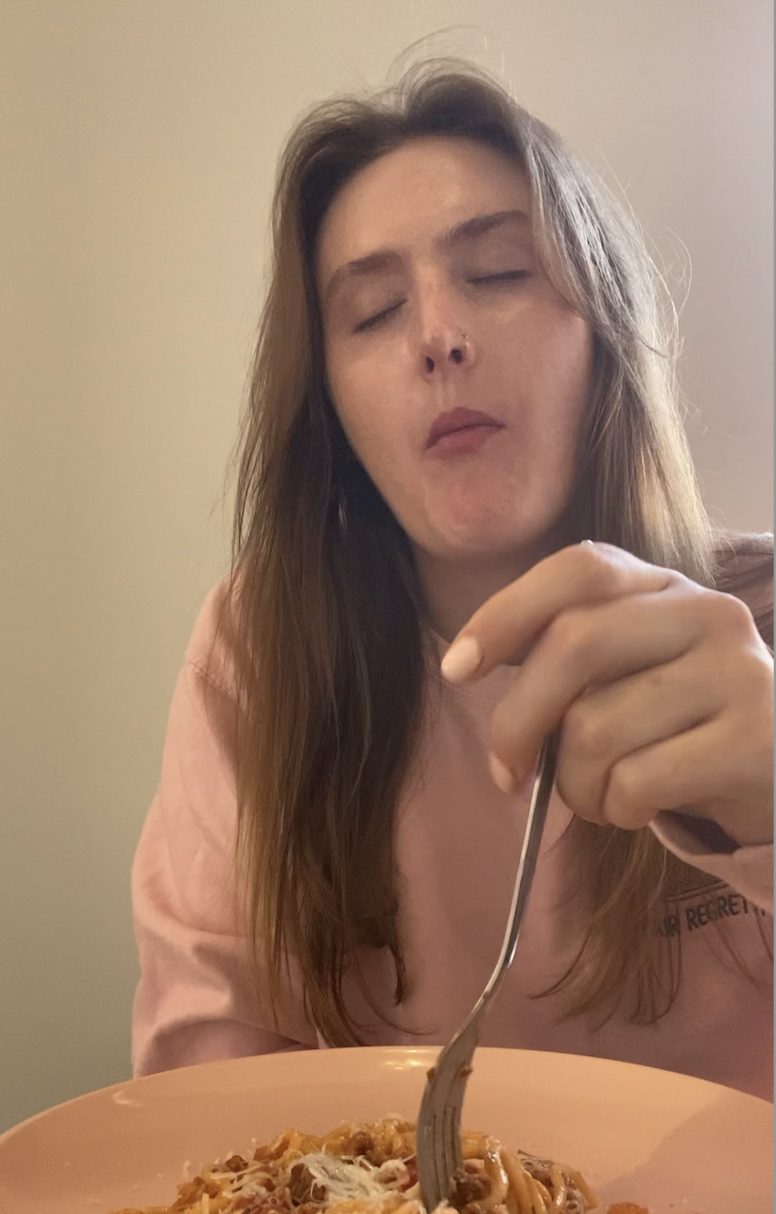 author enjoying the pasta