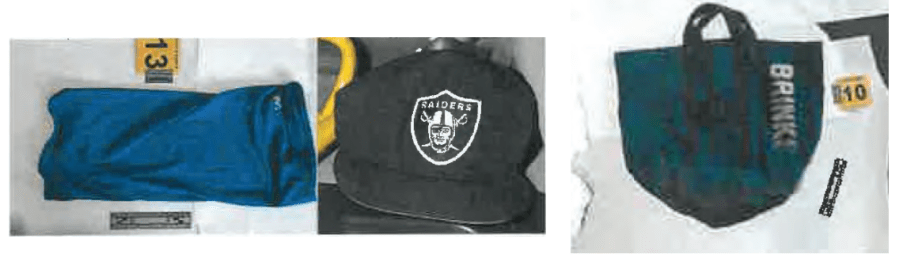 A blue Brinks duffel bag and a black Raiders hat were among the items recovered from a Chevrolet Tahoe related to an armored vehicle robbery in August 2023. (United States Department of Justice)