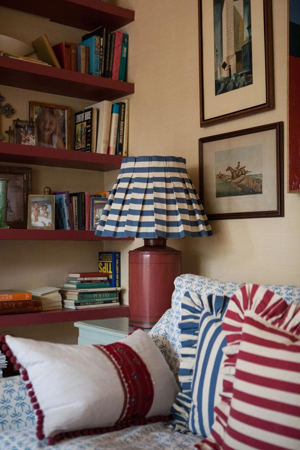Alice Palmer’s Tangier Denim and Tangier Red stripe frilly cushions enhance a nautical interior palette (Alice Palmer Co)
