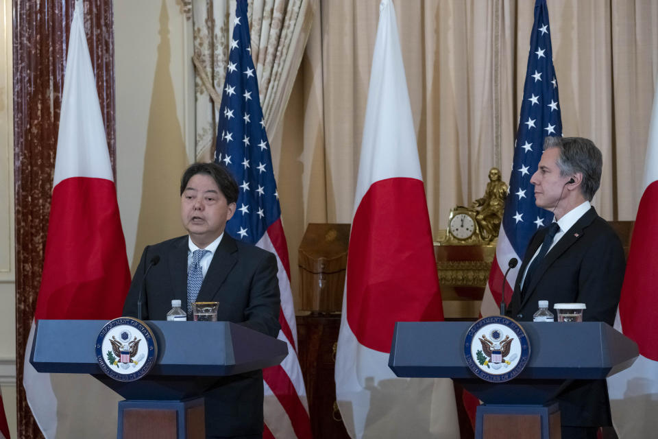 Japanese Foreign Minister Hayashi Yoshimasa, left, speaks as Secretary of State Antony Blinken listens during a news conference at the State Department, Wednesday, Jan. 11, 2023, in Washington. (AP Photo/Alex Brandon)