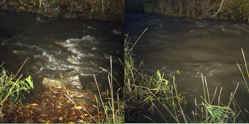 Side by side pictures of the rising waters in Johnson Creek. On the left, the water level from December 1, 2023. On the right, the water level from December 4, 2023 (KOIN)