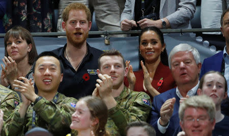 Britain's Prince Harry and Meghan, Duchess of Sussex, react as they watch the Invictus Games Sydney 2018 wheelchair basketball gold medal match at Quaycentre in Sydney, Australia October 27, 2018. REUTERS/Phil Noble