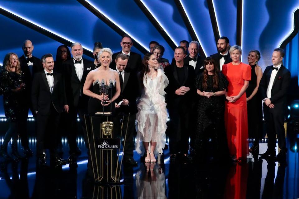 london, england may 12 hannah waddingham and production team accept the live event coverage award for eurovision song contest 2023 onstage during the 2024 bafta television awards with po cruises at the royal festival hall on may 12, 2024 in london, england photo by john phillipsbaftagetty images for bafta