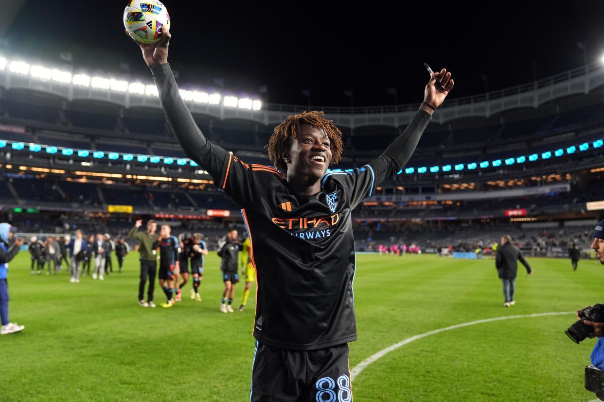 New York City FC forward Malachi Jones (88) celebrates after the game April 13, 2024, against the New England Revolution at Yankee Stadium.