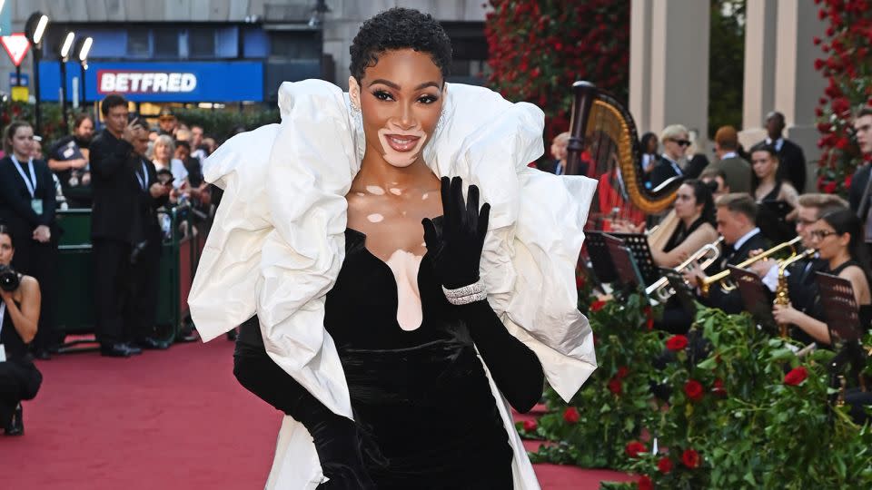Model Winnie Harlow arrived in a dramatic look from Lebanese designer Zuhair Murad’s Fall-Winter 2023 collection. - David M. Benett/Getty Images