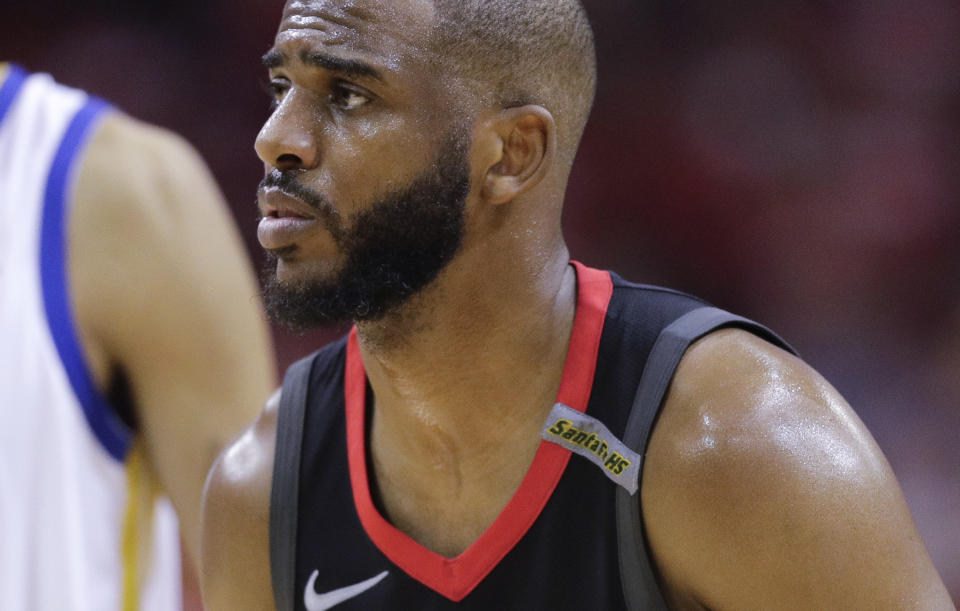Houston Rockets guard Chris Paul wears the Santa Fe High School logo on his jersey during theWestern Conference finals against the Golden State Warriors. (AP Photo)