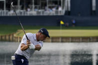 Bryson DeChambeau hits his tee shot on the 17th hole during the third round of The Players Championship golf tournament Saturday, March 13, 2021, in Ponte Vedra Beach, Fla. (AP Photo/John Raoux)