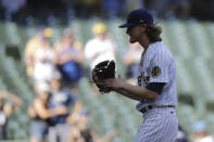 Milwaukee Brewers' Josh Hader claps after recording a save during the ninth inning of a baseball game against the Pittsburgh Pirates, Sunday, June 13, 2021, in Milwaukee. (AP Photo/Aaron Gash)