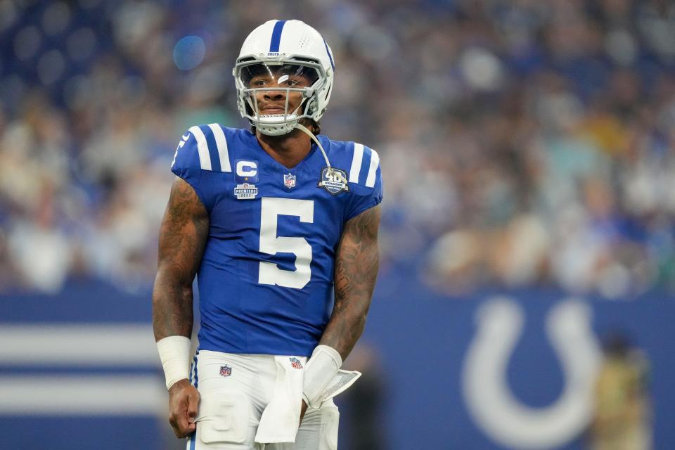 Indianapolis Colts quarterback Anthony Richardson (5) looks down field Sunday, Sept. 10, 2023, during a game against the Jacksonville Jaguars at Lucas Oil Stadium in Indianapolis.