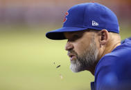 Chicago Cubs manager David Ross watches during the sixth inning of the team's baseball game against the Arizona Diamondbacks on Saturday, May 14, 2022, in Phoenix. (AP Photo/Chris Coduto)