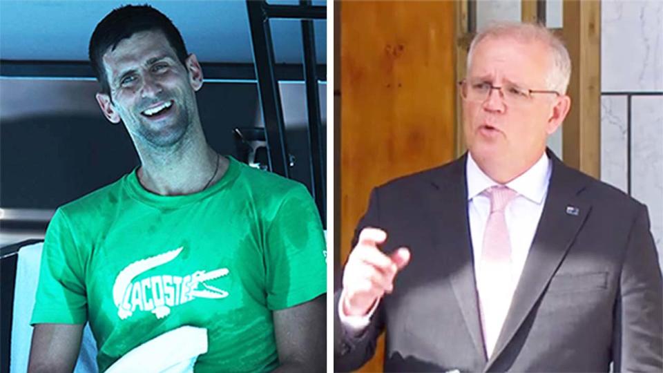 Novak Djokovic (pictured left) during training at the Australian Open and (pictured right) Prime Minister Scott Morrison talking.