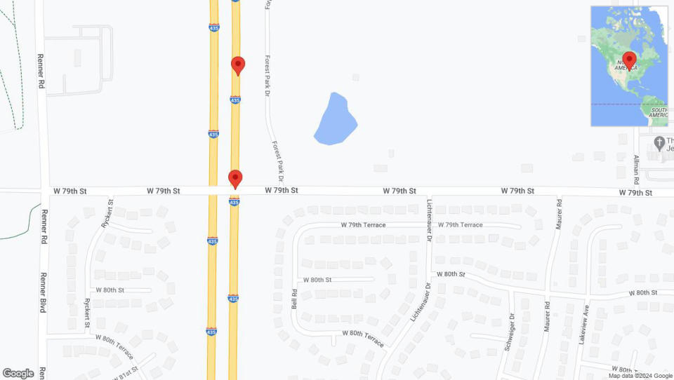 A detailed map that shows the affected road due to 'Broken down vehicle on northbound I-435 in Lenexa' on January 4th at 3:29 p.m.