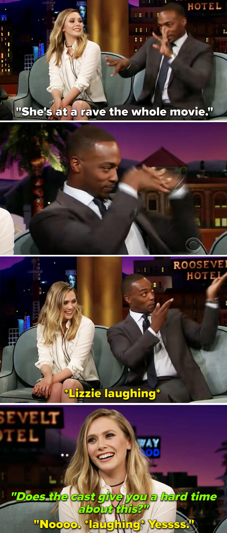 Elizabeth Olsen and Anthony Mackie on "The Late Late Show with James Corden."