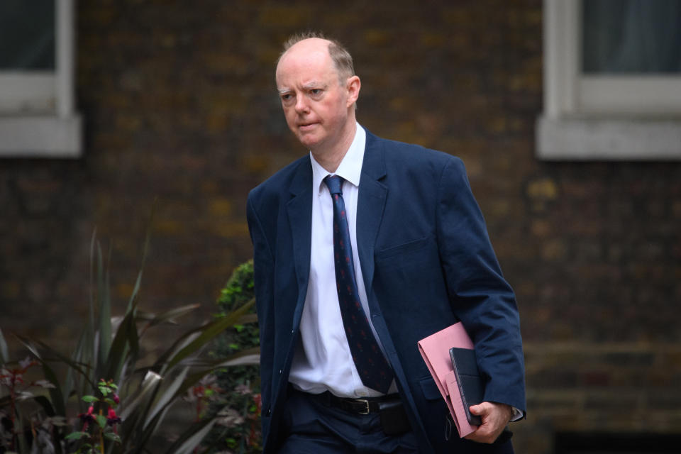 LONDON, ENGLAND - JUNE 19: Chief Medical Officer Chris Whitty arrives in Downing Street on June 19, 2020 in London, England. Chris Whitty, the UK's Chief Medical Officer, has said the COVID-19 alert level should be lowered from level 4 (Epidemic) to Level 3 (Exponential). (Photo by Leon Neal/Getty Images)