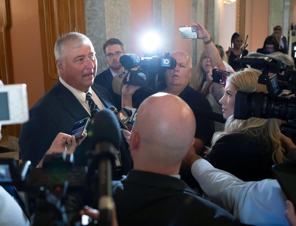 Larry Householder talks to reporters after being expelled as a representative in the Ohio House at the Ohio Statehouse in Columbus on June 16, 2021.