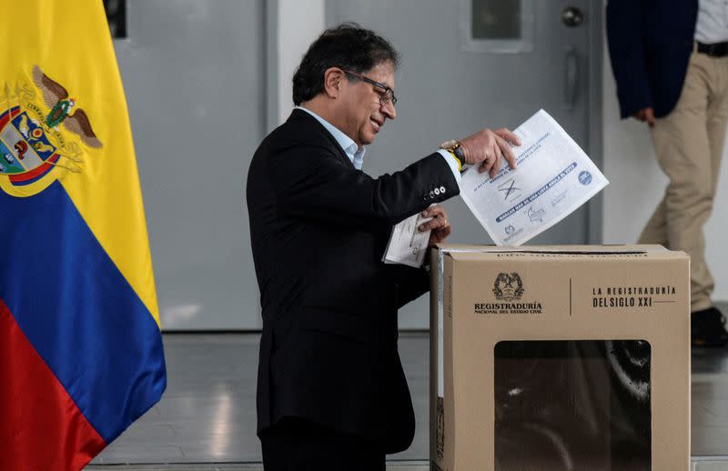 Colombian President Gustavo Petro votes during the elections for governors, regional lawmakers and mayors, in Bogota
