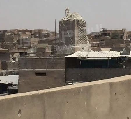 Mosul's destroyed Grand al-Nuri Mosque is seen in Mosul, Iraq June 22, 2017. Iraqi alsumaria tv channel/Handout via REUTERS