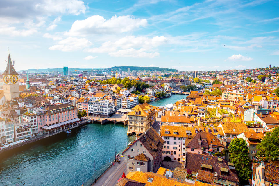 Aerial panoramic cityscape view on the old town of Zurich city in Switzerland