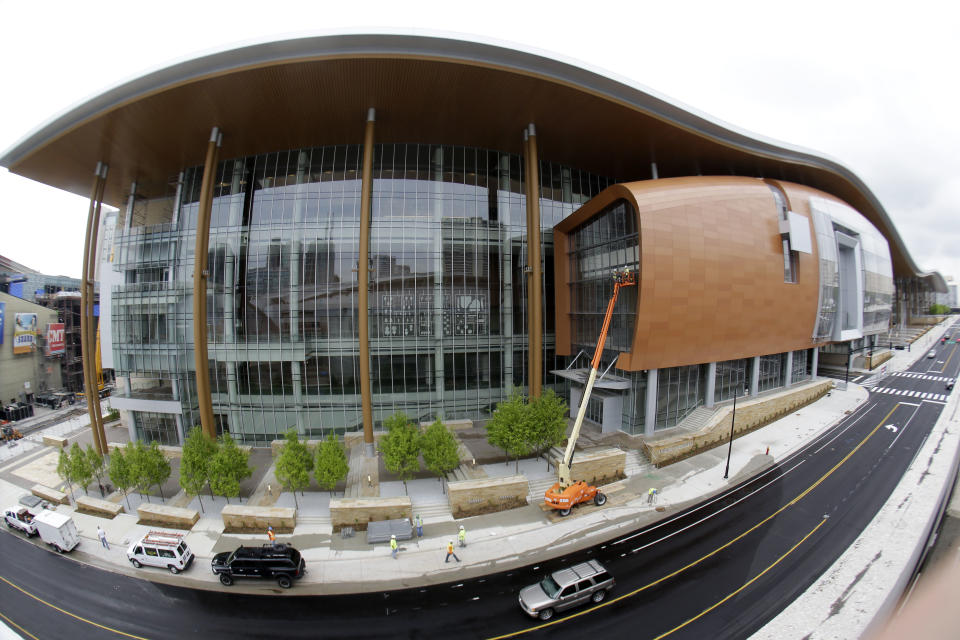 This April 29, 2013, photo made with a fisheye lens shows the Music City Center in Nashville, Tenn. Nashville's new convention center is transforming the look of downtown with its wavy roof dominating six city blocks, but tourism officials hope the eye-catching facility will also show business travelers a revitalized Music City. (A P Photo/Mark Humphrey)