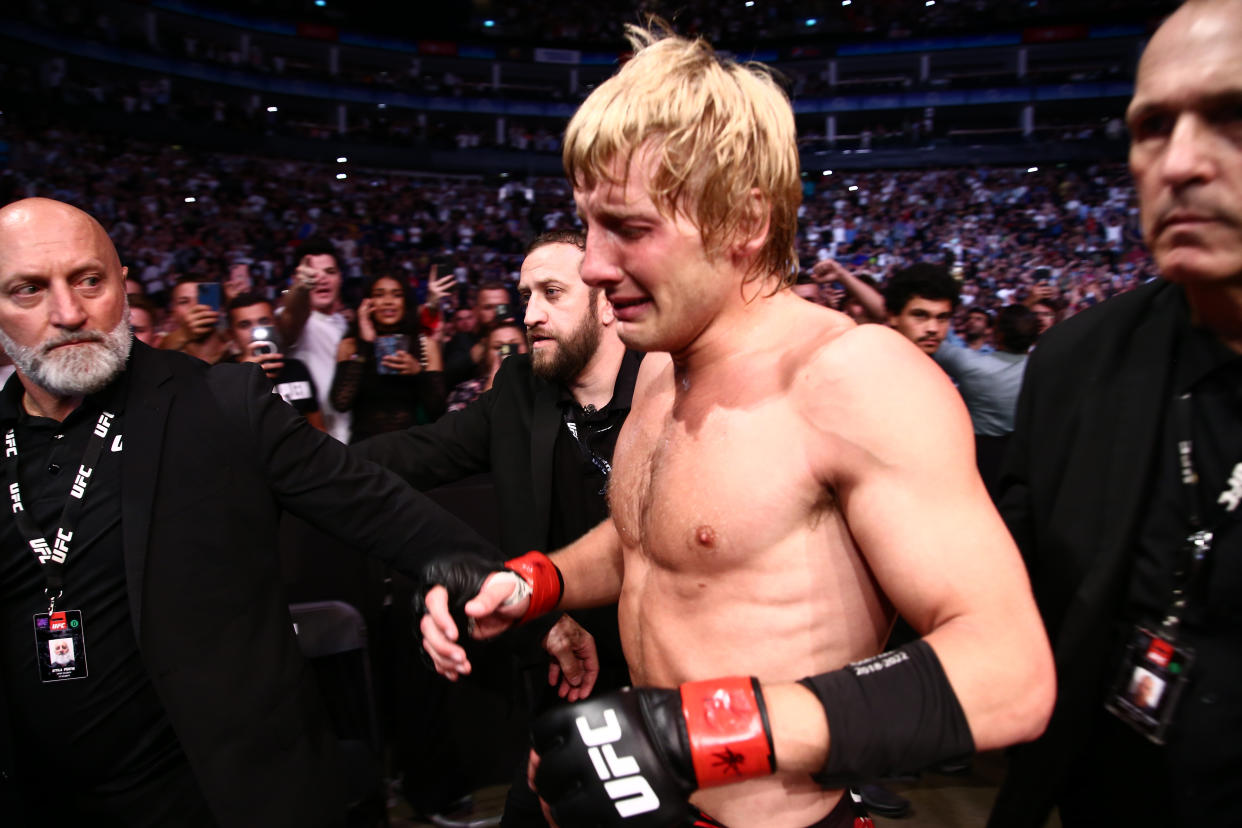 Paddy Pimblett leaves the cage in tears after sharing a message about mens mental health in his post-fight interview during ESPN Fight Night 108 at the O2 Arena, Greenwich on Saturday 23rd July 2022.  (Photo by Kieran Riley/MI News/NurPhoto via Getty Images)