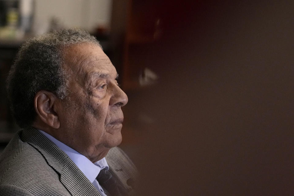 Civil Rights icon Andrew Young speaks during an interview with The Associated Press, May 18, 2023, in Atlanta. Young, one of the last surviving members of Martin Luther King Jr.'s inner circle, recalled the journey to the signing of the Voting Rights Act as an arduous one, often marked by violence and bloodshed.(AP Photo/Brynn Anderson)