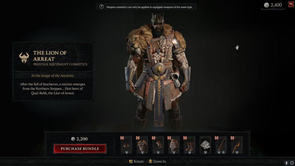 Screenshot of the Diablo IV shop, showing the Lion of Arreat cosmetic set for barbarians.  