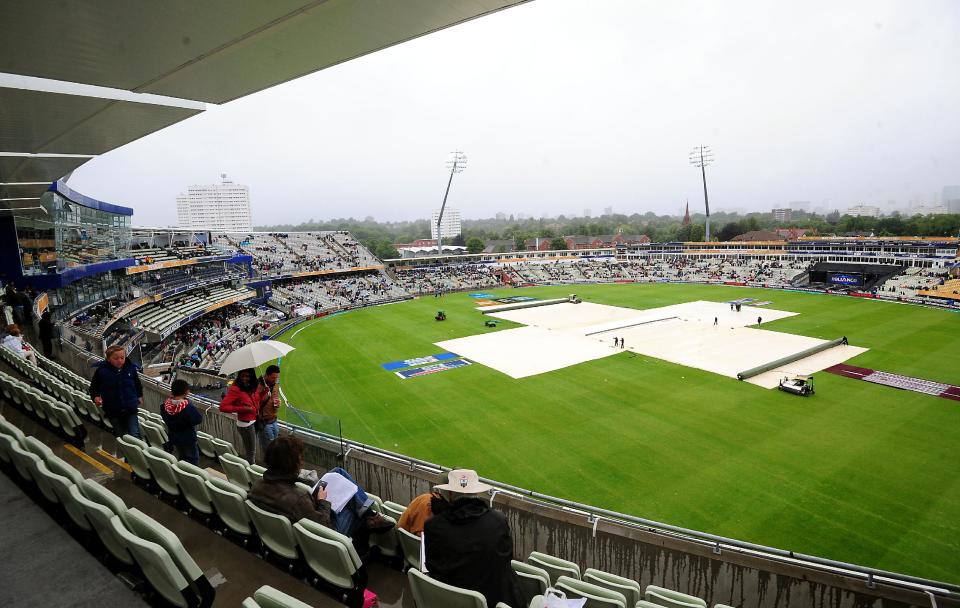 Covers at Edgbaston pitch as rain delays play during the ICC Champions Trophy Final at Edgbaston, Birmingham.