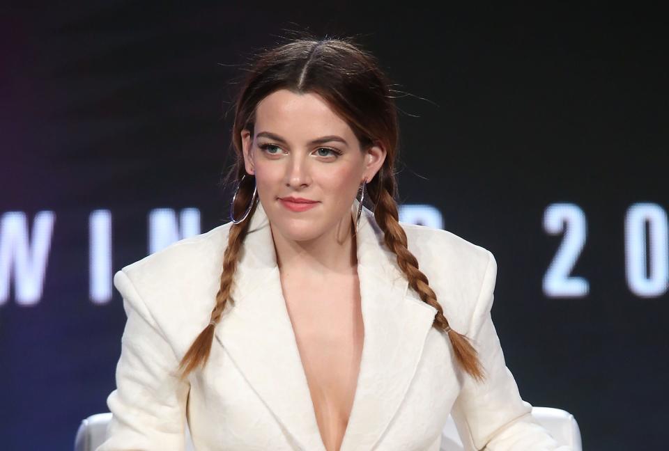 Riley Keough addresses journalists during a Television Critics Association panel in Pasadena, California, in 2018.