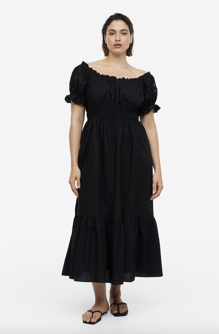 plus size model wearing black Off-the-Shoulder Cotton Dress (photo via H&M)