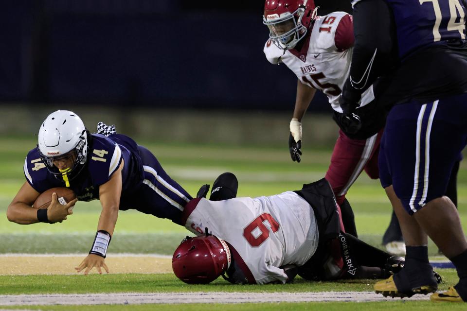 Raines defensive tackle Jyon Simon (9) makes a sack against University Christian during a 2023 game.