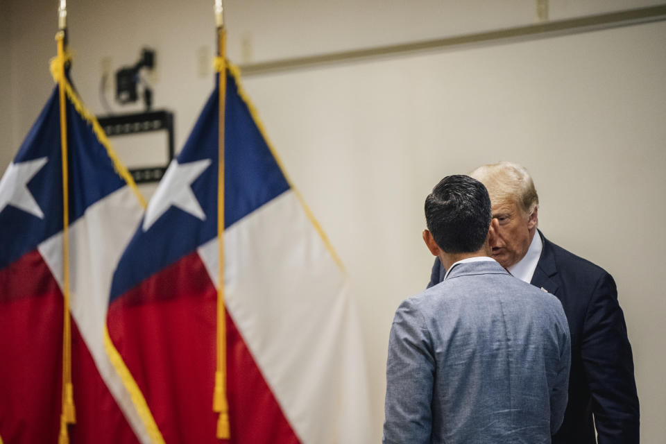 Former President Donald Trump addresses former acting U.S. Secretary of Homeland Security Chad Wolf at a border security briefing on Wednesday, June 30, 2021, in Weslaco, Texas. (Brandon Bell/Pool via AP)