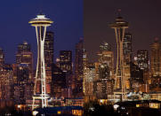 Earth Hour 2010. The Space Needle and Cityscape before the lights are switched off, Seattle, Washington, USA. <br> <a href="http://www.worldwildlife.org/sites/earthhour/index.html" rel="nofollow noopener" target="_blank" data-ylk="slk:For more information about Earth Hour 2012, visit WWF.;elm:context_link;itc:0;sec:content-canvas" class="link ">For more information about Earth Hour 2012, visit WWF.</a>