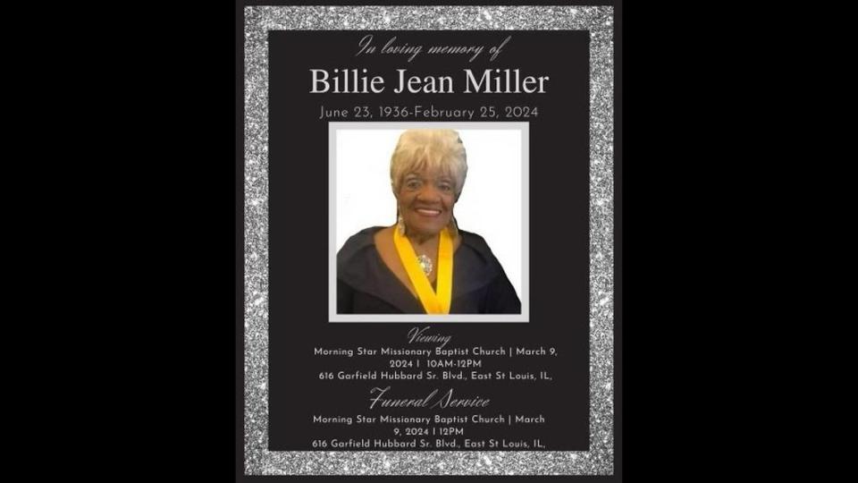 The funeral for East St. Louis businesswoman and civic leader Billie Jean Miller is Saturday, March 9, 2024 at Morning Star Missionary Baptist Church in East St. Louis. Provided